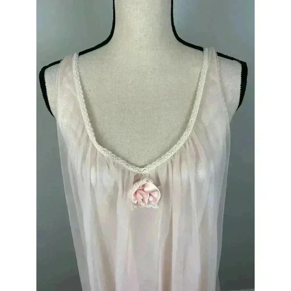 Vtg Val Mode Floor Length Rose Nightgown Pink Chiffon Slip Dress Sleeveless S - Picture 2 of 15